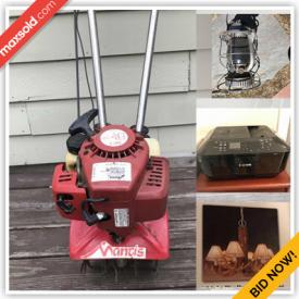 MaxSold Auction: This auction features Mantis Tiller, lawn mower, power shovel, hedge trimmer, fence stretcher, vintage Railroad Lantern, hockey equipments, Kenmore air conditioner, vintage camera, acoustics speaker, ottoman, wireless router, cedar chest, kitchen items and much more.